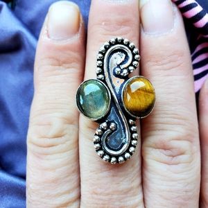 New Labradorite & Tiger Eye 925 Silver Ring.
